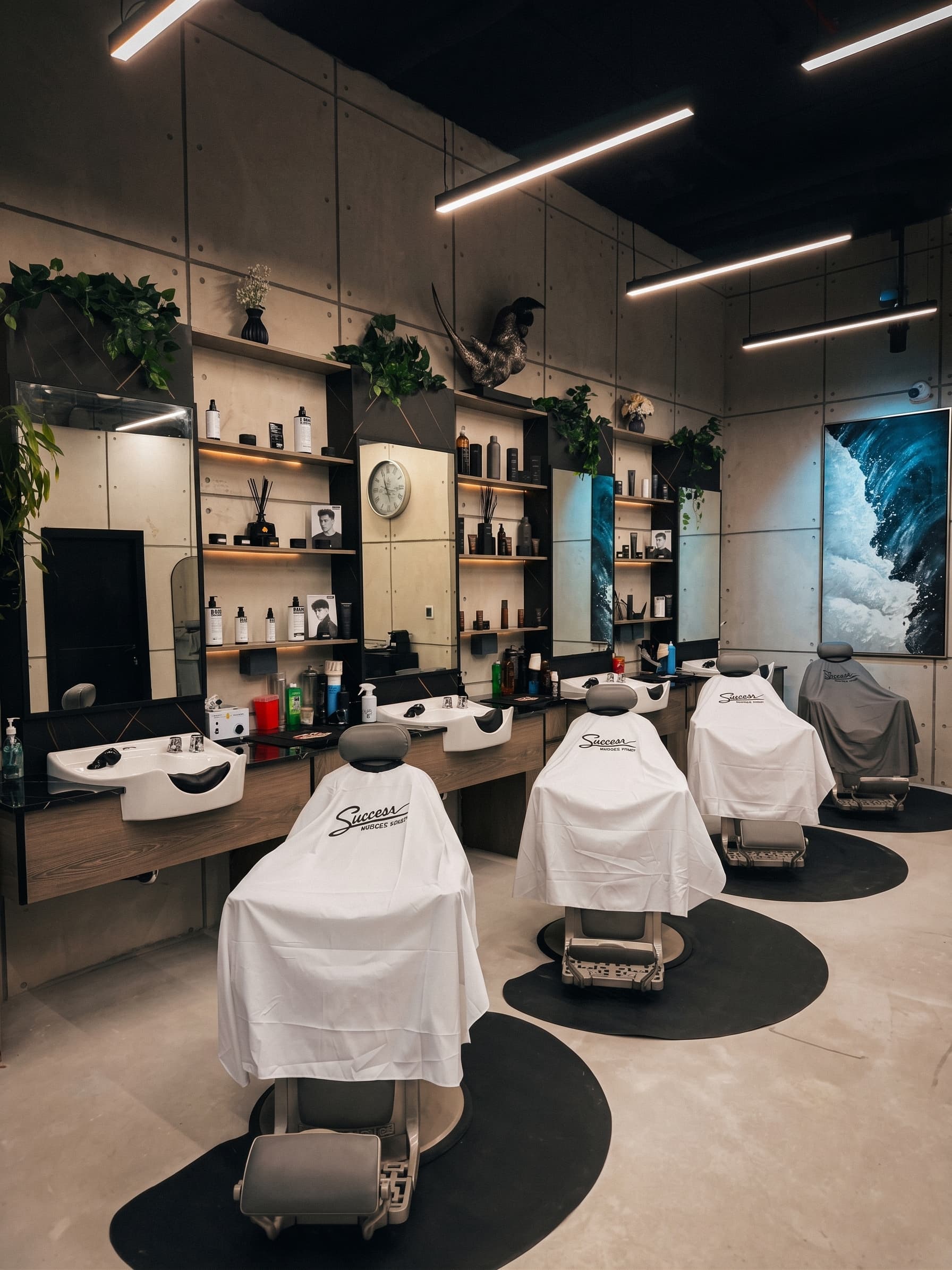 Success Barbershop studio interior — barber stations with branded capes